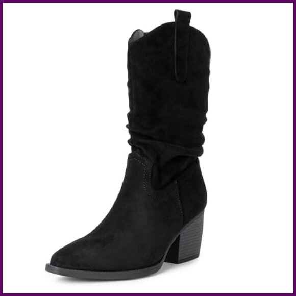 Women's Western Slouch Boots Mid Calf Block Heel Cowboy Booties - Picture 2 of 8